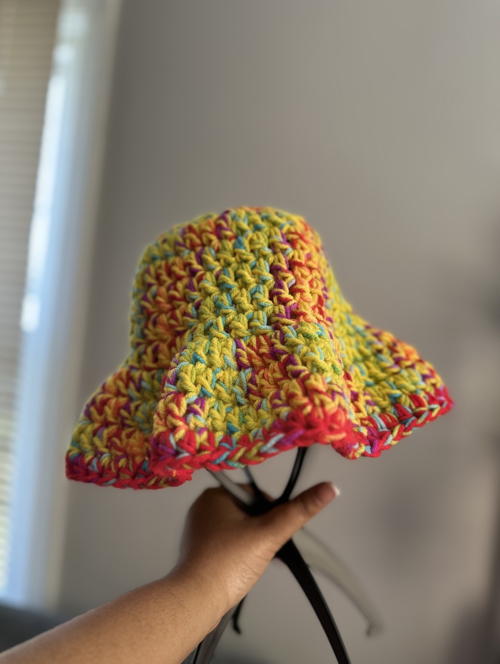 Hand Crafted Multicolor Crochet Bucket Hat in Yellow, Pink, Blue & Green